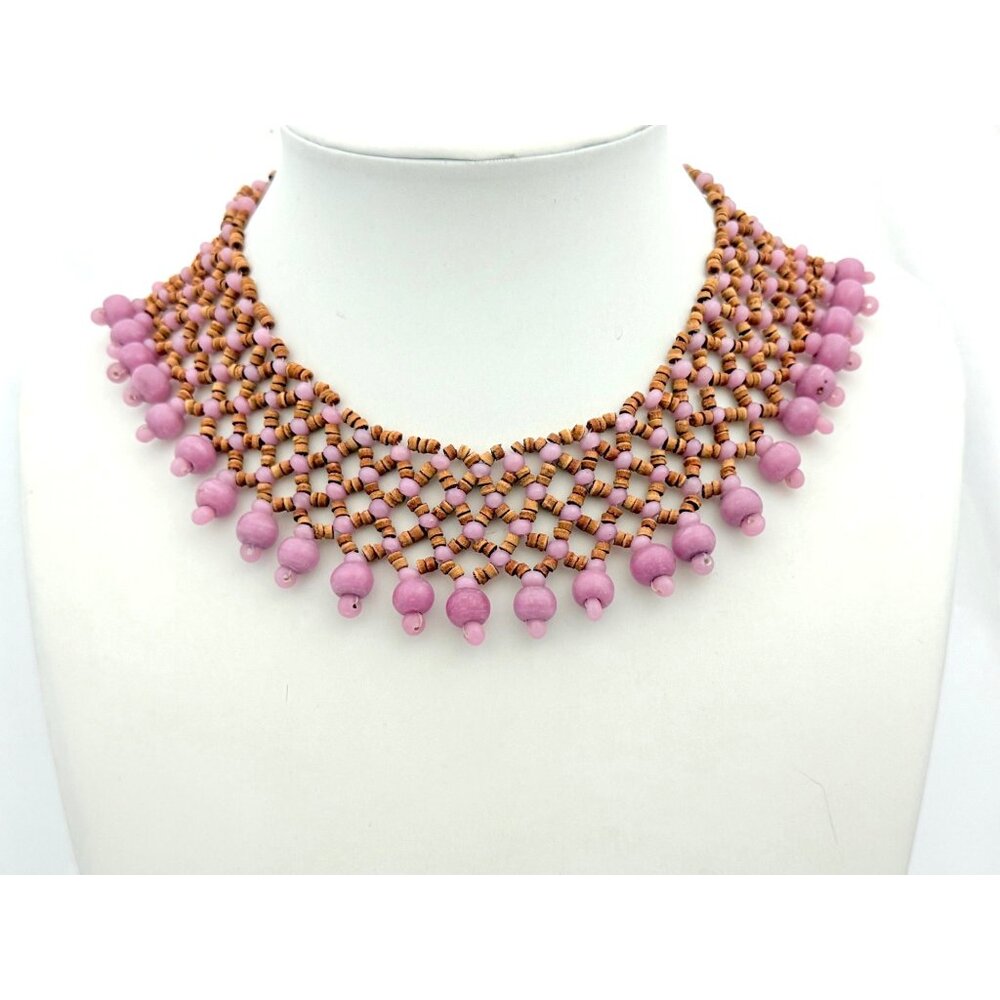 Vintage Lavender Glass/Wood/Acrylic Bead Collar Boho Necklace Lightweight